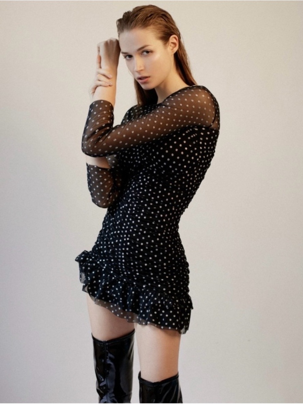 NWT Zara Black Ruched Glitter Swiss Dot Mesh Party Dress Medium